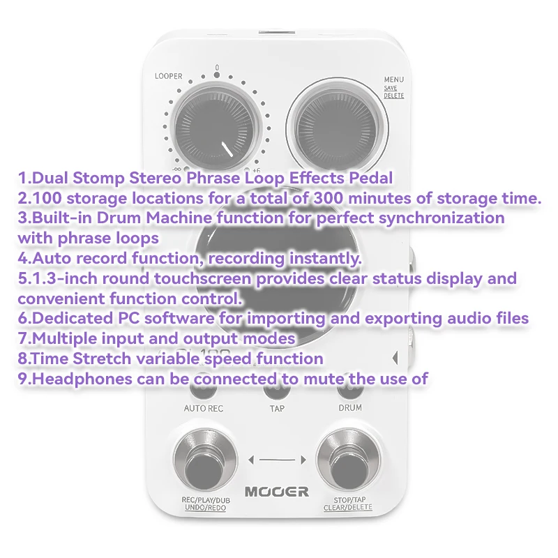 MOOER GL100 Looper Drum Machine Guitar Pedal 1.3-inch Touchscreen