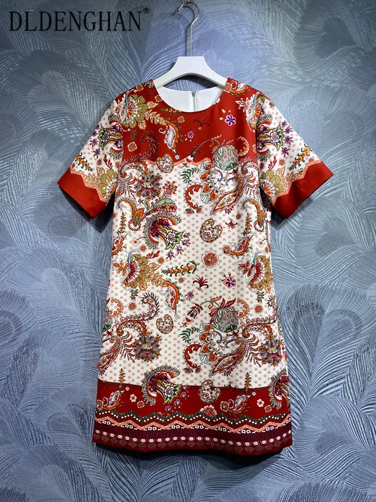 

DLDENGHAN Spring Summer Dress Women O-Neck Short Sleeve Gorgeous Crystal Diamonds Vintage Print Mini Dresses Fashion Runway New