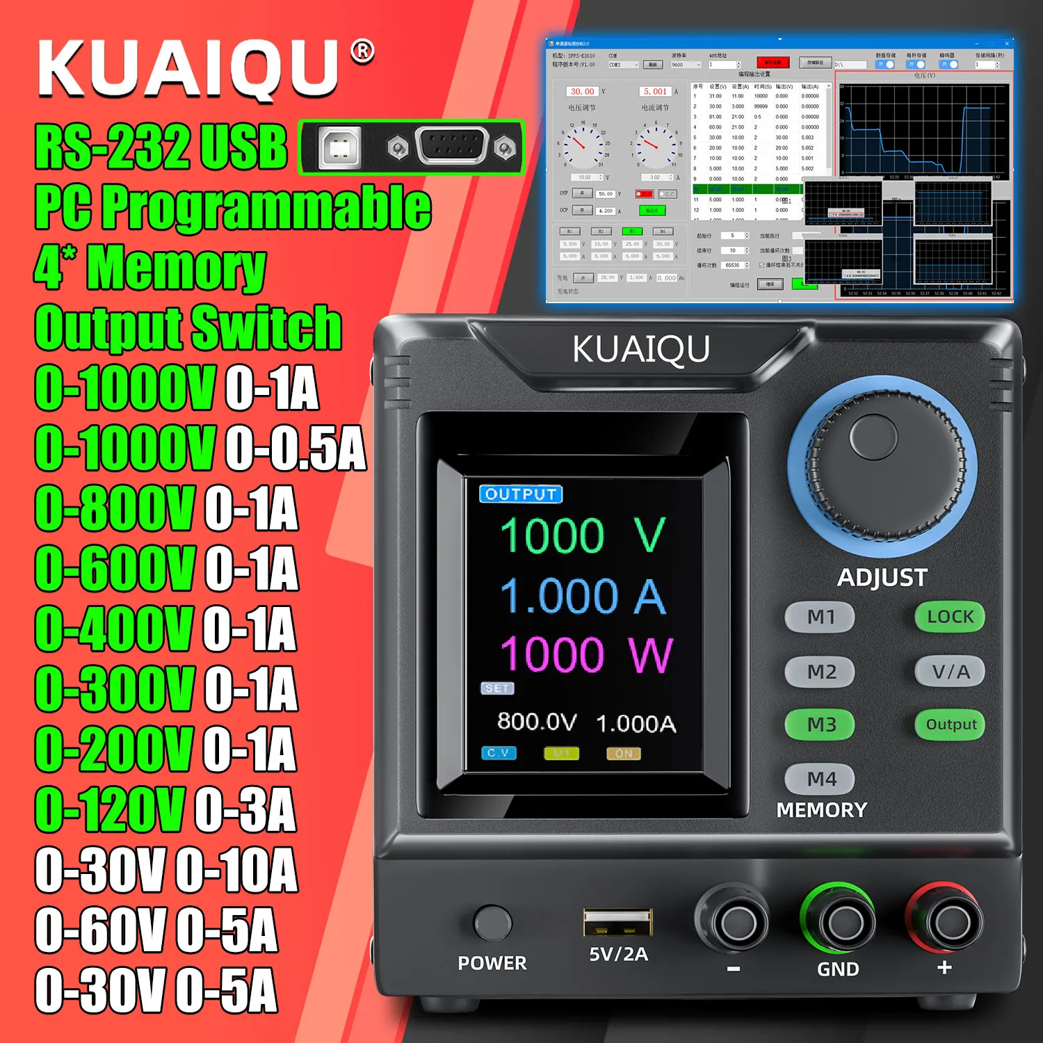 แหล่งจ่ายไฟ KUAIQU 1000V กำลังสูง 800V 400V ปรับค่าได้ สำหรับห้องปฏิบัติการ พร้อมโปรแกรมเมอร์ หน่วยความจำ ล็อค C.C C.V RS-232 ซอฟต์แวร์ USB 1
