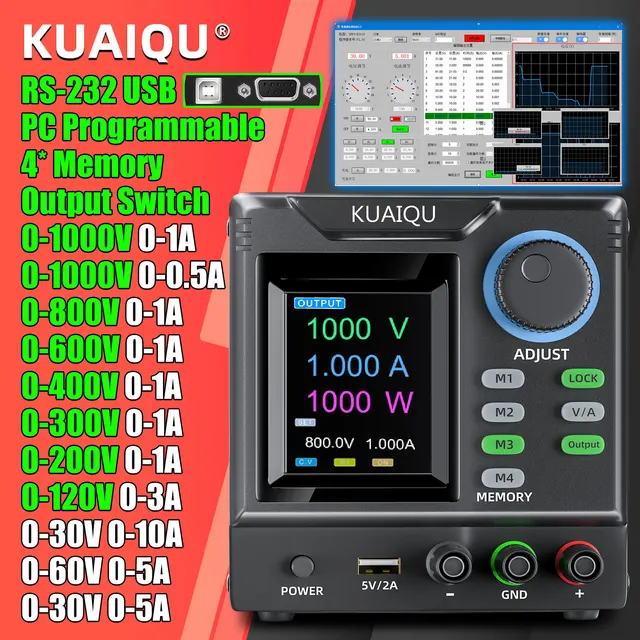 แหล่งจ่ายไฟ KUAIQU 1000V กำลังสูง 800V 400V ปรับค่าได้ สำหรับห้องปฏิบัติการ พร้อมโปรแกรมเมอร์ หน่วยความจำ ล็อค C.C C.V RS-232 ซอฟต์แวร์ USB 1