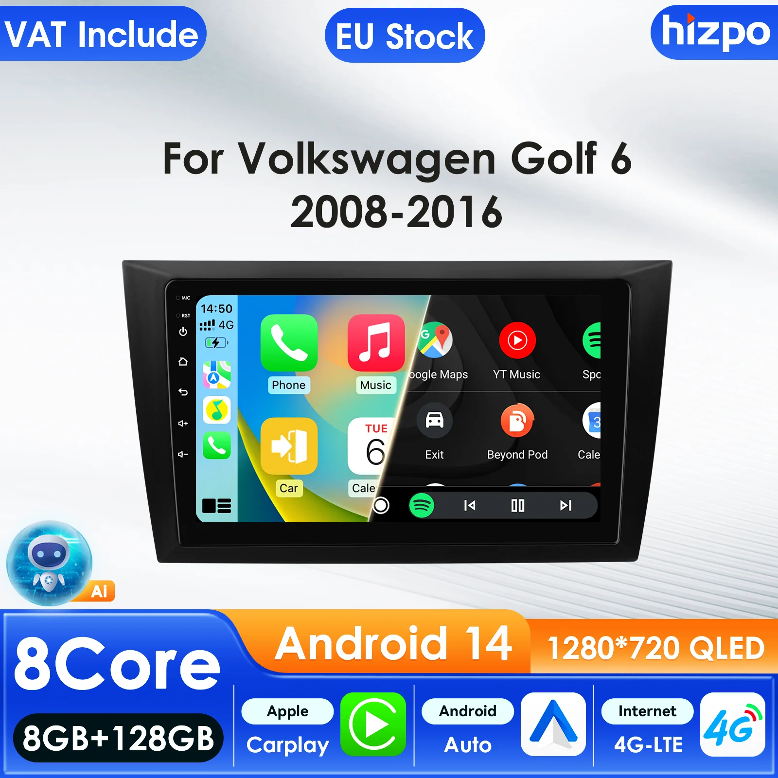 Radio samochodowe Hizpo do Volkswagen Golf Odtwarzacz multimedialny Audio CarPlay Android Auto GPS Bluetooth WIFI FM Autoradio AI