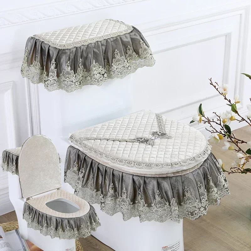 3PCS 벨벳 스커트 스타일 화장실 매트 수 놓은 레이스 변기 매트 인쇄 먼지 커버 화장실 Closestool 욕실 액세서리