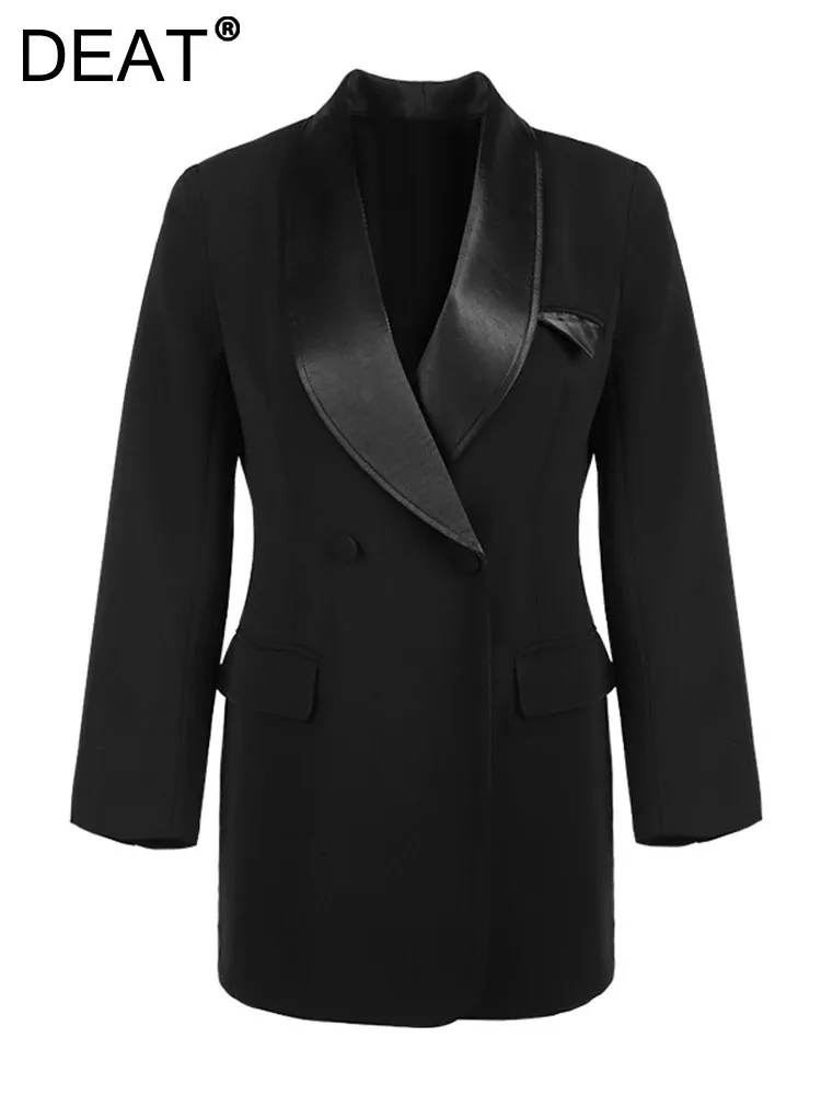 

Женское атласное мини-платье DEAT, двубортное платье-блейзер с отложным воротником и длинными рукавами, весна 2024