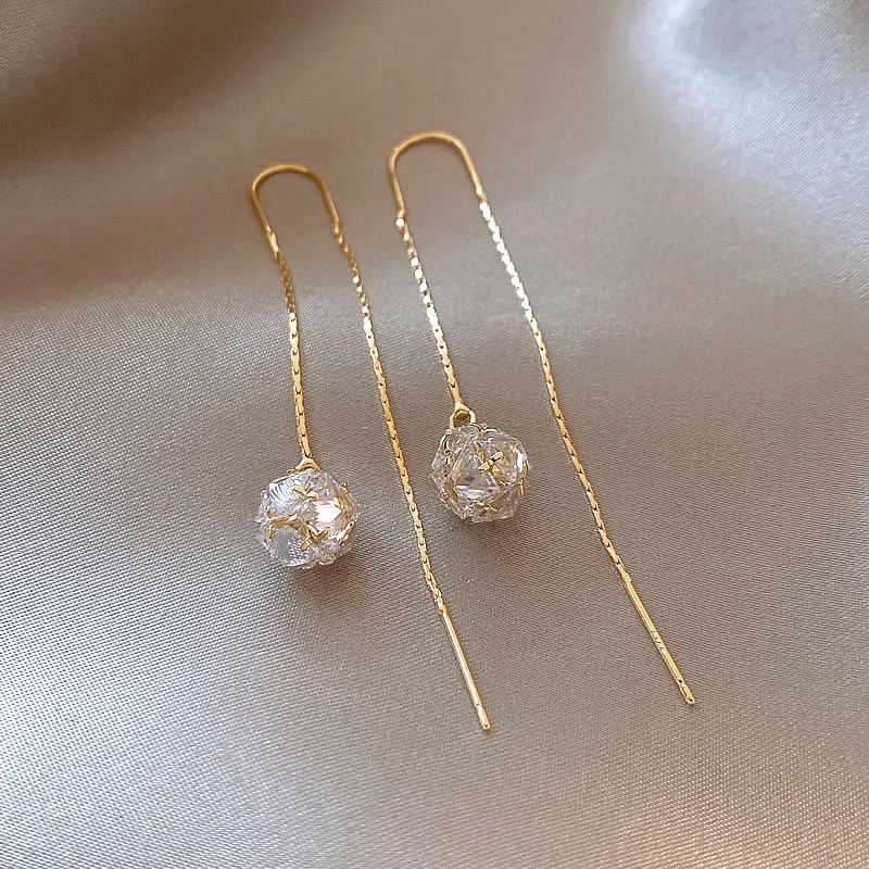 Luxuriöser glänzender Zirkon-Kugel-Blumen-Anhänger mit langem Ohrlinie für 2024, Damen- oder Mädchen-Modeschmuck, ungewöhnliche Ohrring-Ohr-Accessoires – Detail 5