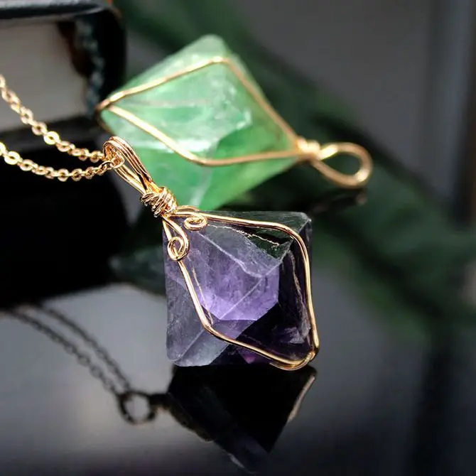 

Natural Stones Pyramid Pendants Square Reiki Amethyst Fluorite Necklaces For Women Men Trendy Healing Jewelry