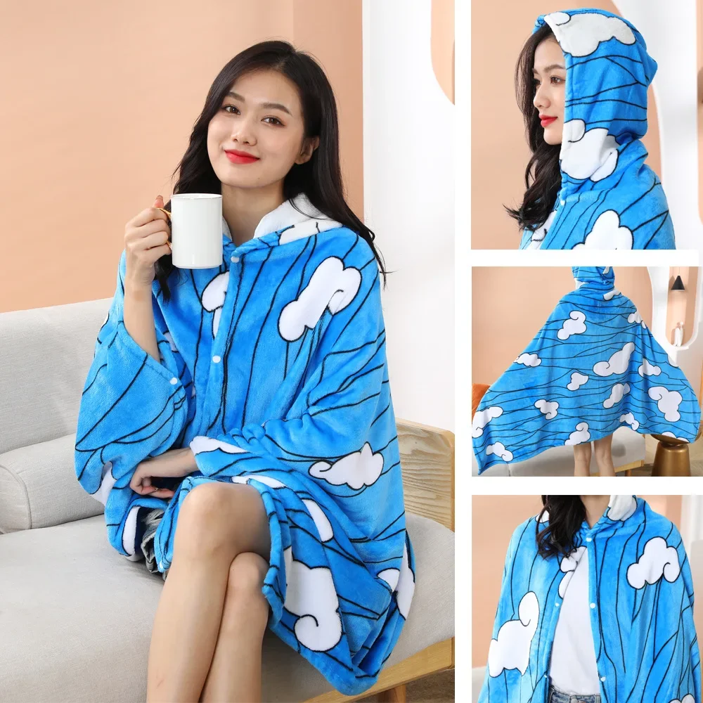 Demon Slayer Hoodie Throw Comfortable Wearable Tanjirou No Yaiba Plaid Blanket Soft Wrap Nap Quilt Adult Bathrobe Anime Pajamas 2