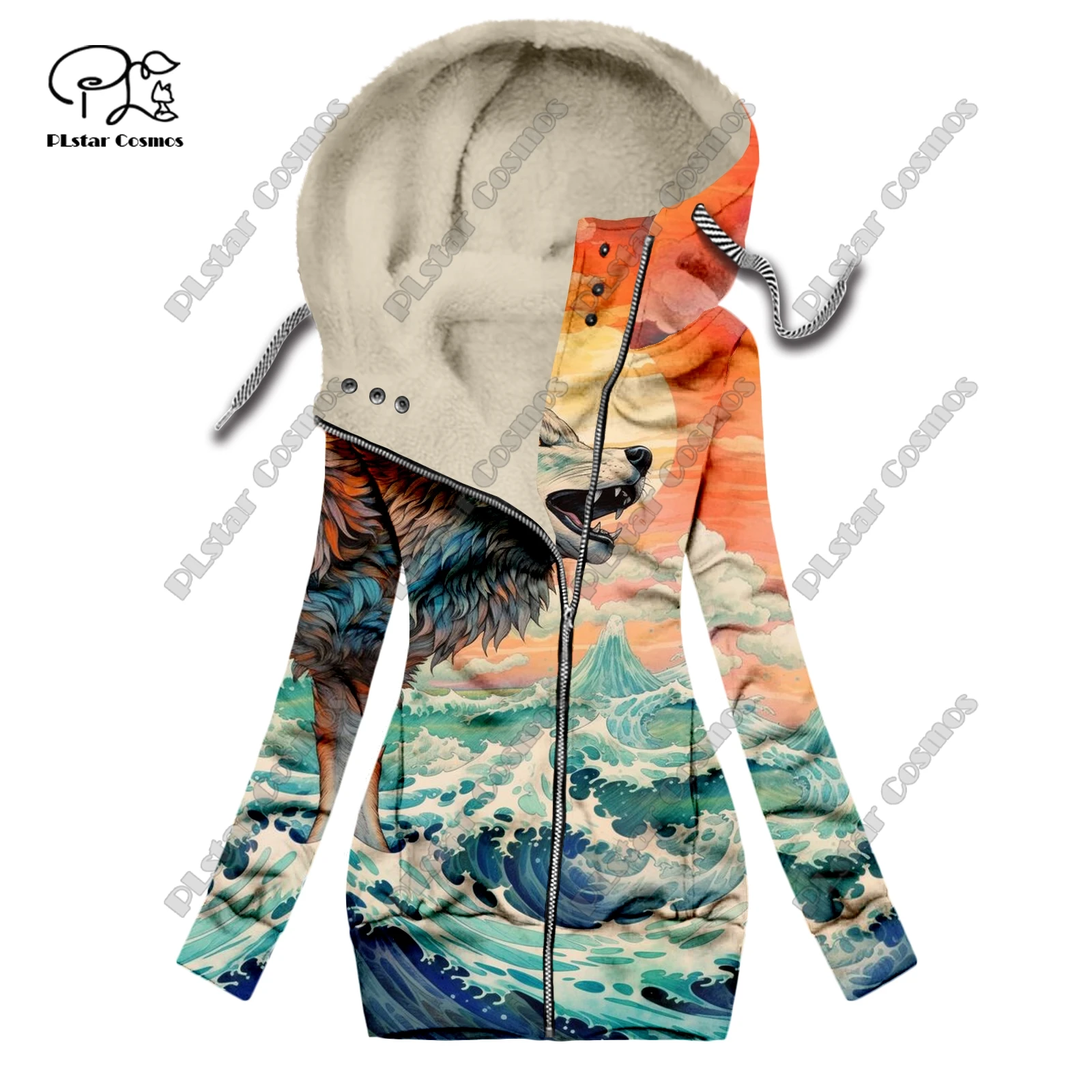 New 3D printed animal series wolf pattern velvet warm women's long zipper hoodie jacket commuting casual winter L-1