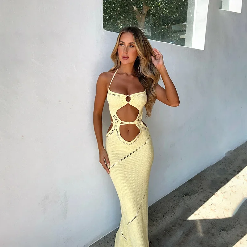 Women Beach Long Dress 2024 Sexy Hollow-Out Solid Color Sleeveless Bikini Cover-Ups Backless Holiday Dress