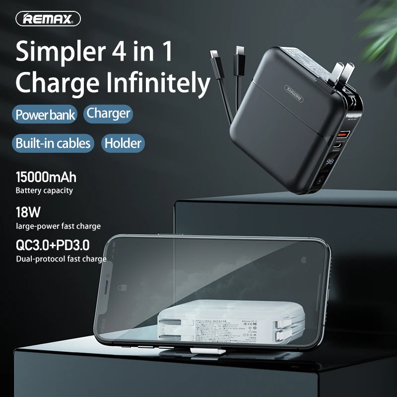 RemaxPowerBank15000mAh18WPD30QC30FastChargingBuiltinCables