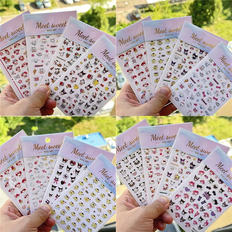 3D Kawaii Sanrioed Nail Stickers 4PCS/1PC Set Hello Kitty Kuromi Melody Cartoon Nail Decals Decoration Supplies Press on Nails