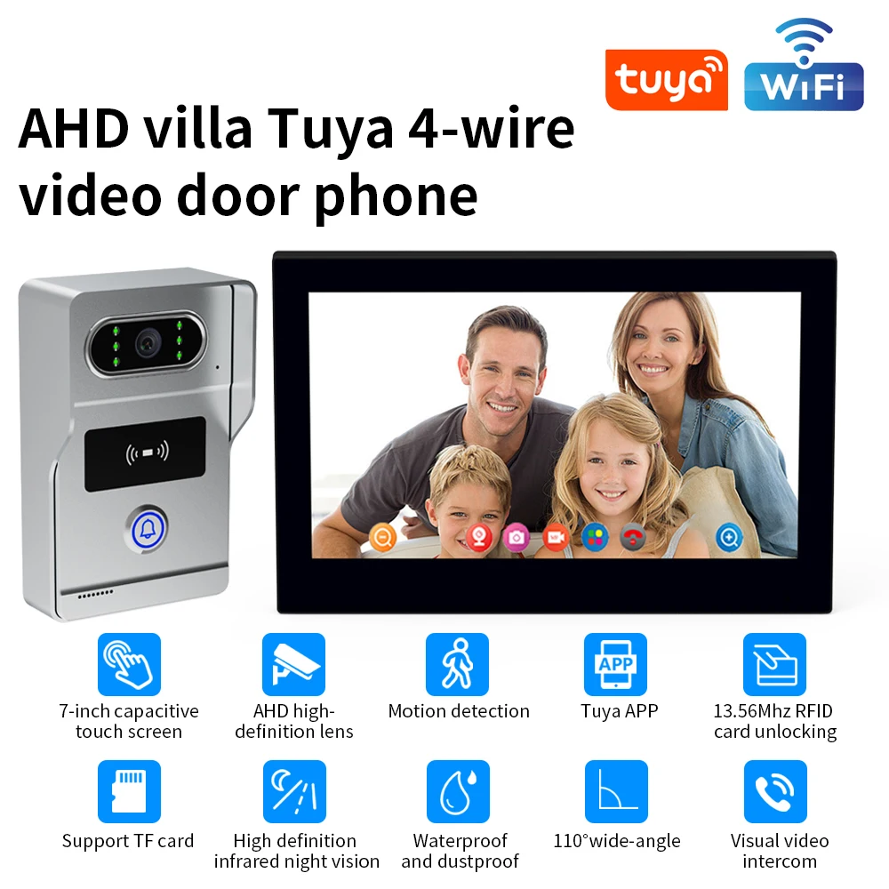 Système de sonnette vidéo Wifi 2.4G, interphone Tuya1080P, caméra de porte, écran tactile de 7 pouces, interphone vidéo, prise en charge de la carte SD 32 go pour la maison