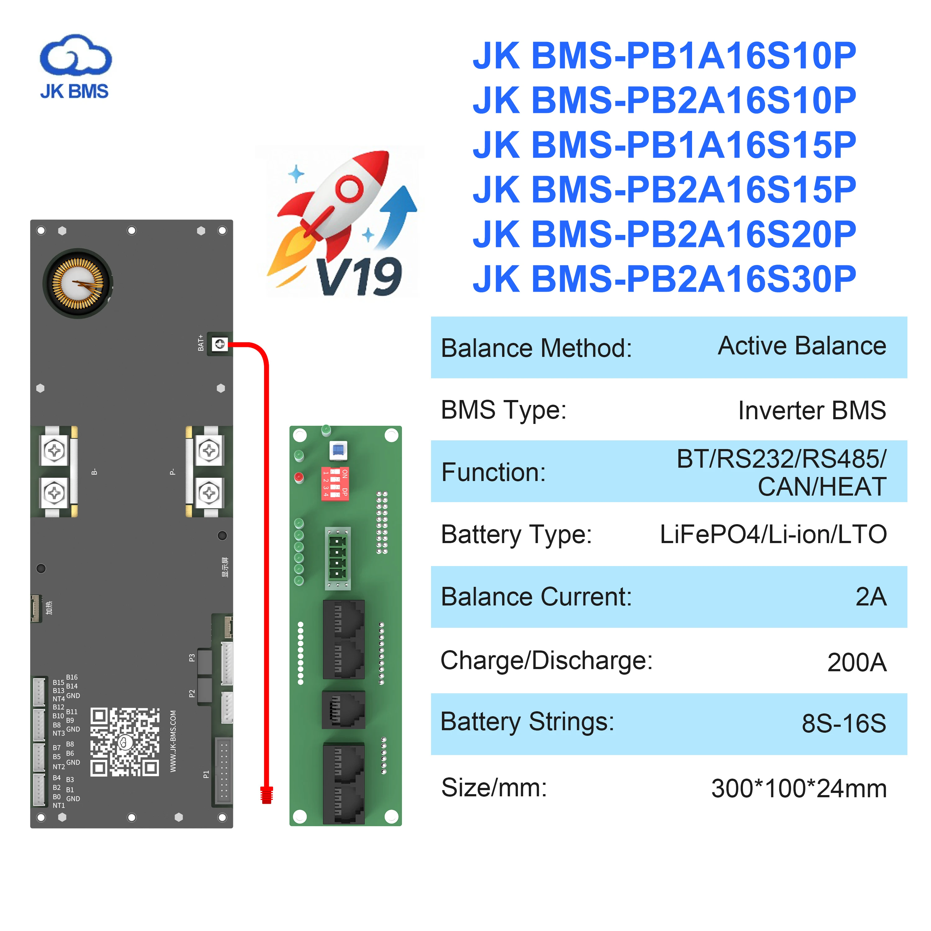 JK Smart BMS V19 8S/16S 24V 48V 100A 150A 200A 300A LiFePo4 Li-Ion ...