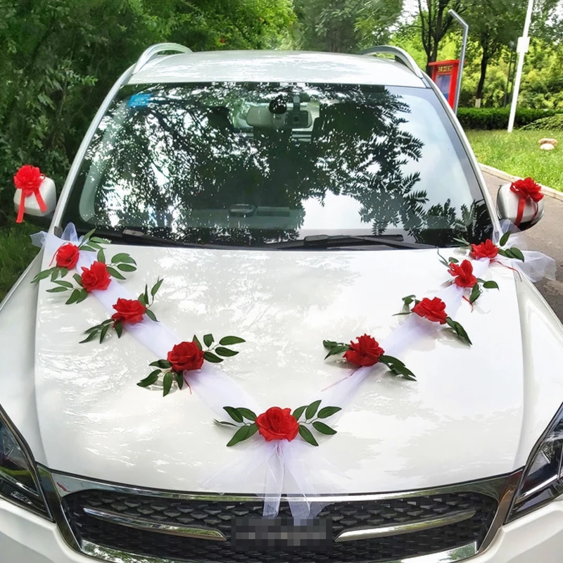 Allony Decorazioni Matrimonio per Auto, Addobbi per Auto Matrimonio, Viene Fornito con 9 Ventose Extra Forti, Sposi Rose Bianchi Nastro Tulle Lusso Romantiche per Festa di Nozze Auto Nuziale