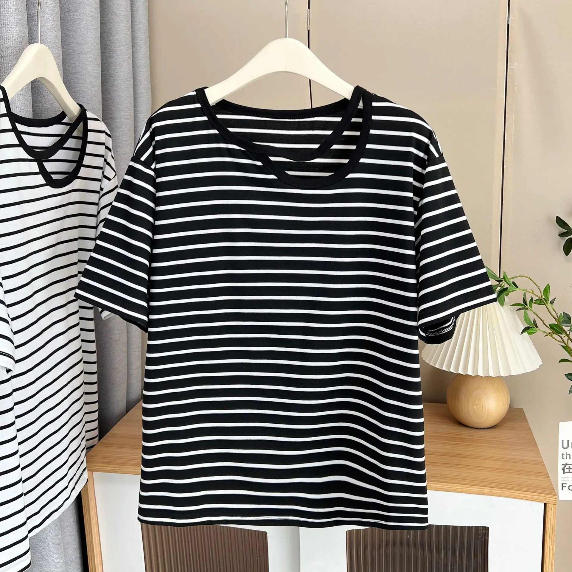 Summer Top New 100kg Retro Casual Hollow Striped Short Sleeve Tees Plus Size Women's Classic T-Shirt 312