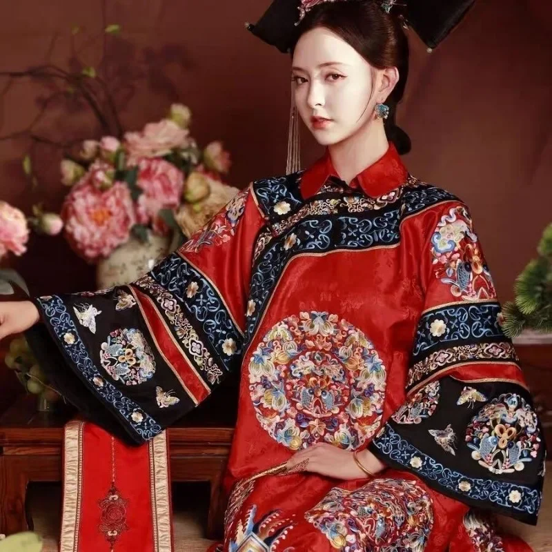 Chinese Women Qipao Dress Qing Dynasty Style Stand Up Collar Long Sleeved Printed Cheongsam Girl Traditional Costumes