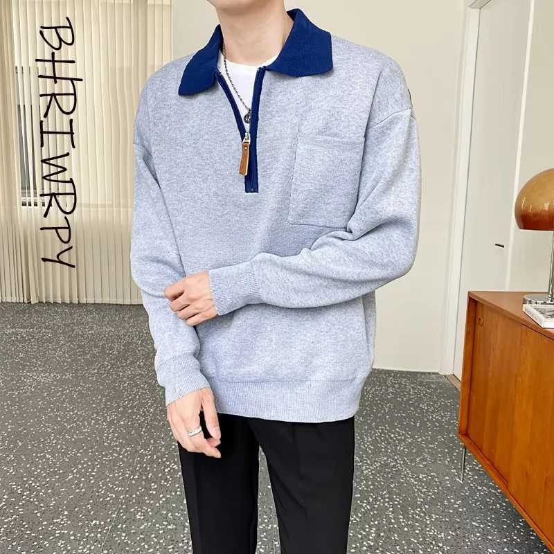 

BHRIWRPY 2023 Autumn/Winter New Polo Sweater Polo Collar Zipper Knit Contrast Casual Long Sleeve Pullover Top