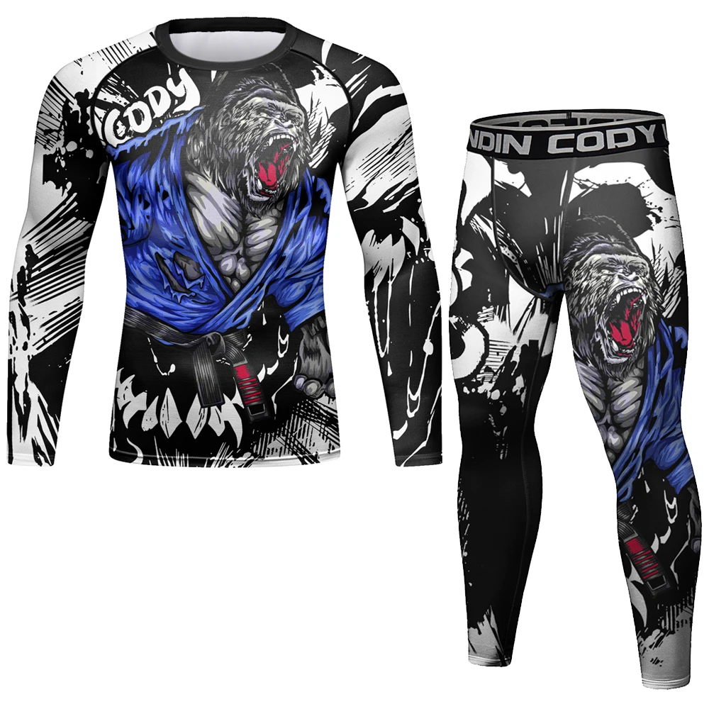 

Men MMA Compression 2 Piece Sets Tracksuit Chimpanzees Sports Suit Jogging Running Set Rash Gard Gym Fitness Workout Tight Sets