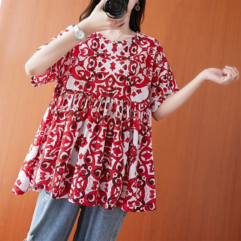 Vintage Paisley Print Ruffles Spliced Blouse Woman 2023 Summer Fashion Casual O-Neck Short Sleeve Loose Oversized Pullover Shirt women s paisley print chiffon shirt national wind lantern sleeve v neck button slim beach casual blouse top new autumn