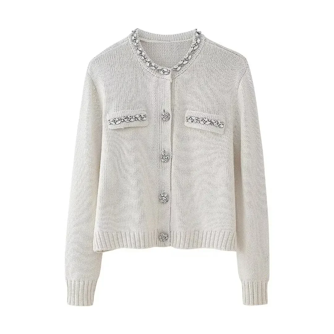Women Fashion Autumn New Long Sleeved Jewelry Buttons Round Neck Knitted Sweater Cardigan Chic Female Knit Coat Mujer 2