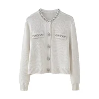 Women Fashion Autumn New Long Sleeved Jewelry Buttons Round Neck Knitted Sweater Cardigan Chic Female Knit Coat Mujer 2