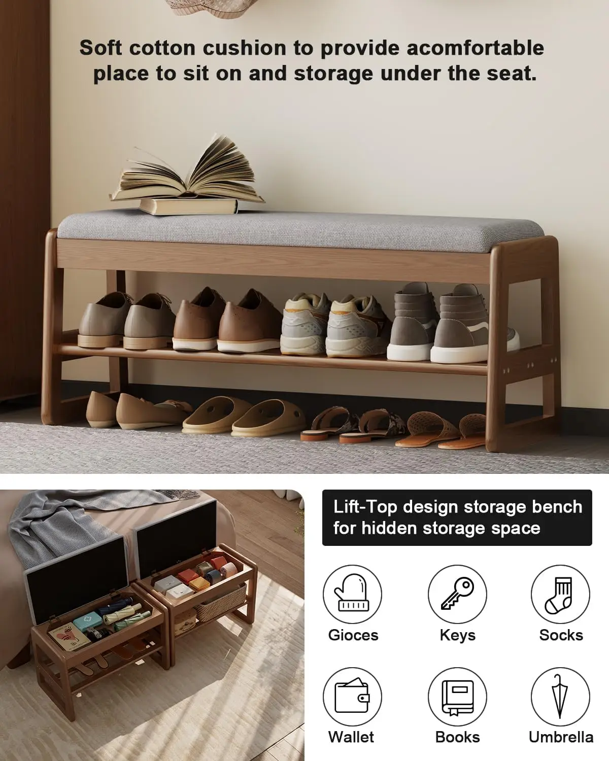 Small Shoe Bench with Cushion,2 Tiers Shoe Rack Bench with Flip-Top Storage,Wood Rack for Entryway（Walnut,23.62"）