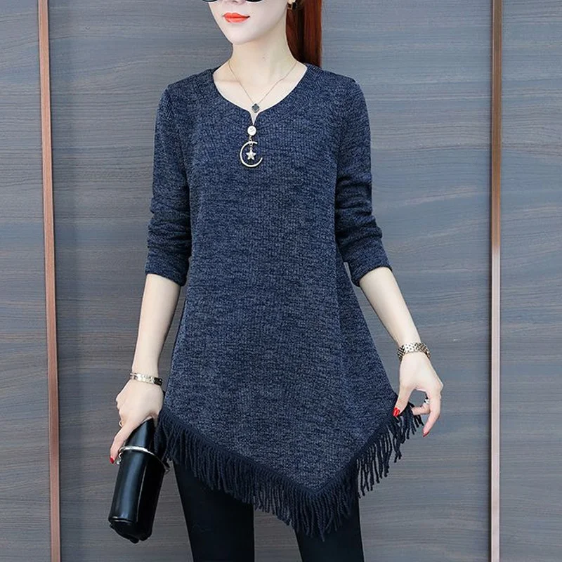 

Women's Tassel Patchwork T Shirts Long Sleeve O-Neck Solid Color Asymmetrical Loose Tops Tees Elegant Vintage Spring Autumn New