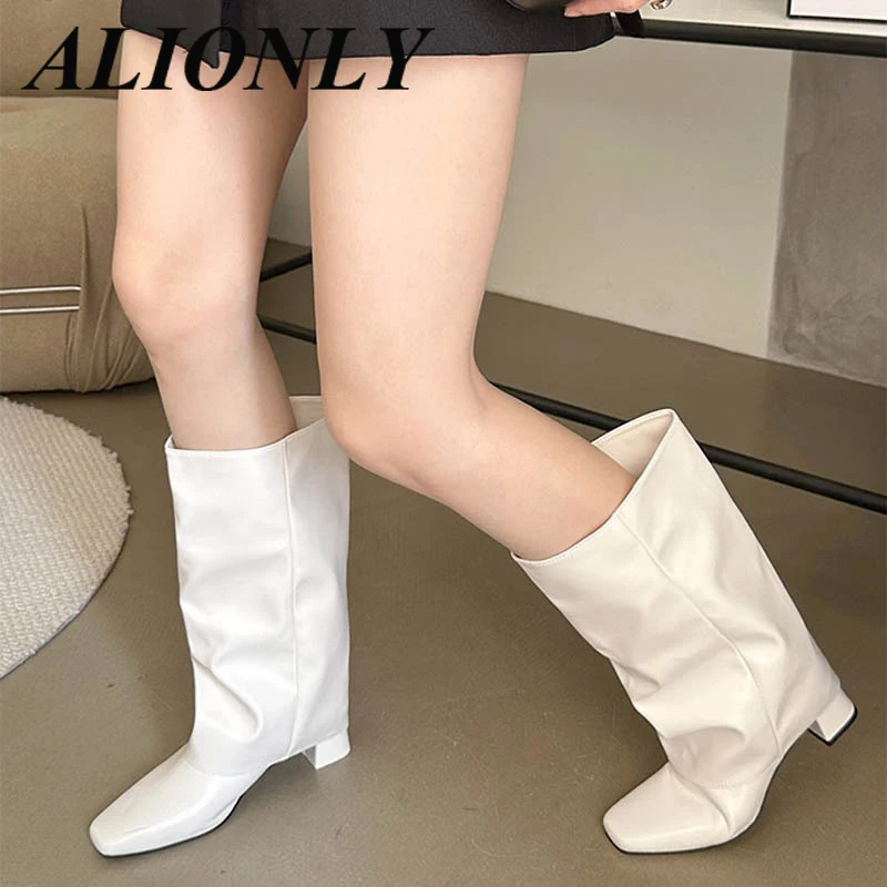 

Alionly Thick Heel Fold Pile Pile Long Leg Knight Boots Big Size Women's Shoes 2024 New West Thin Mid-leg Boots