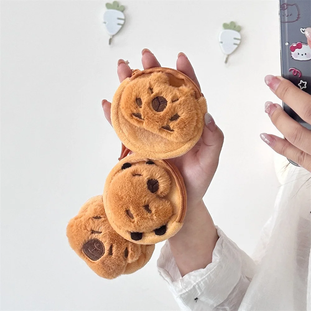 Cute Capybara Plush Earphone Case Wallet Cartoon Coin Purse Round Bags Pendant Mini Fashion Lipstick Headphone Storage Bag