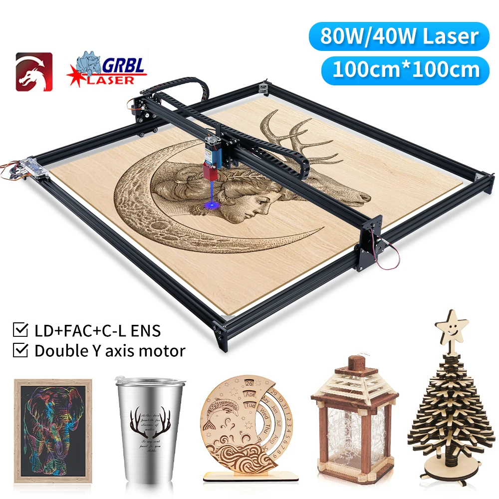 80W Laser Engraver Large Area 100x100cm, 10W Optical Power with Air Assist, FAC Laser Cutter Machine for Wood Metal Acrylic