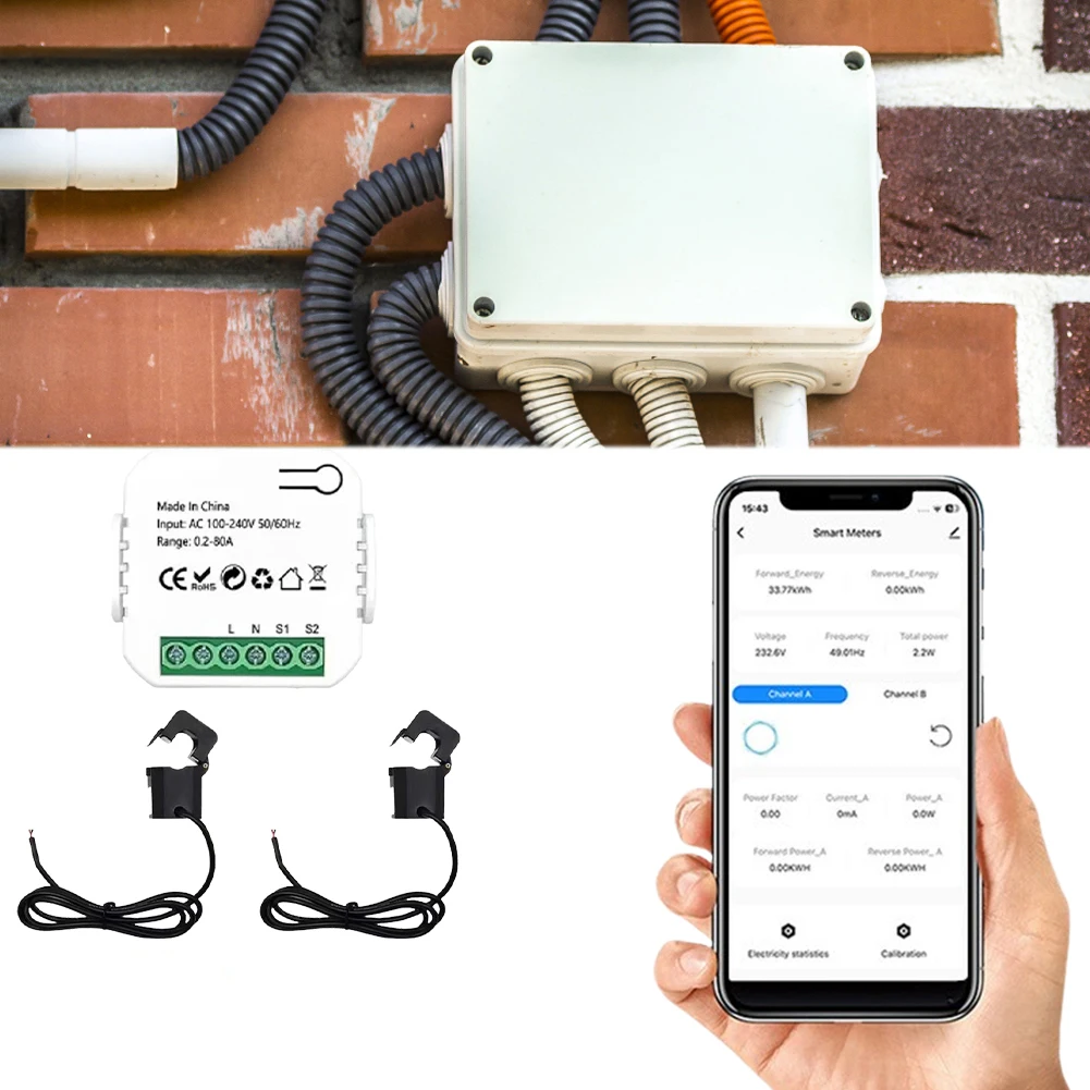 100A WIFI Intelligent Energy Meter APP Control 1/2 Channel KWh Power Monitor 110-240 V 50/60Hz Solar PV Two Way Power Monitor