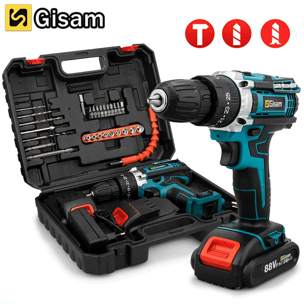 Wiredless Impact Drill Screwdriver Rechargeable Battery Cordless Hammer Drill 25+3Torque Setting Electric Screwdriver Power Tool