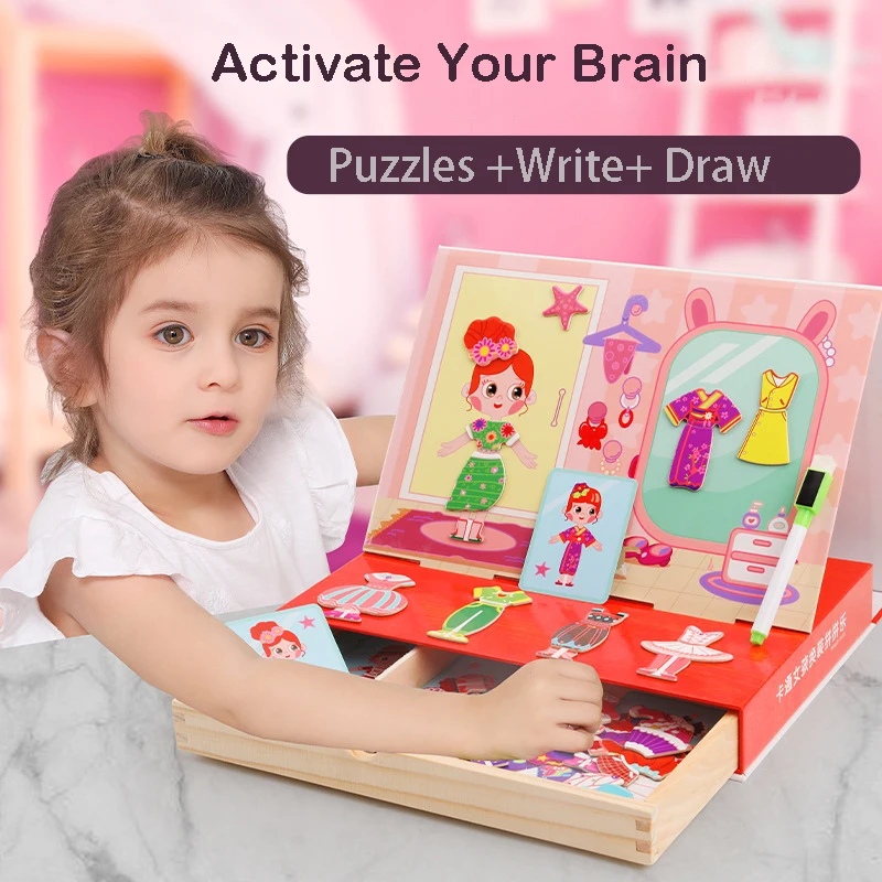 Wooden Drag Puzzle Magnetic Set Box Animal Traffic Girl Cross-Dress Math tangram Can be Written to Draw Children's Toy |