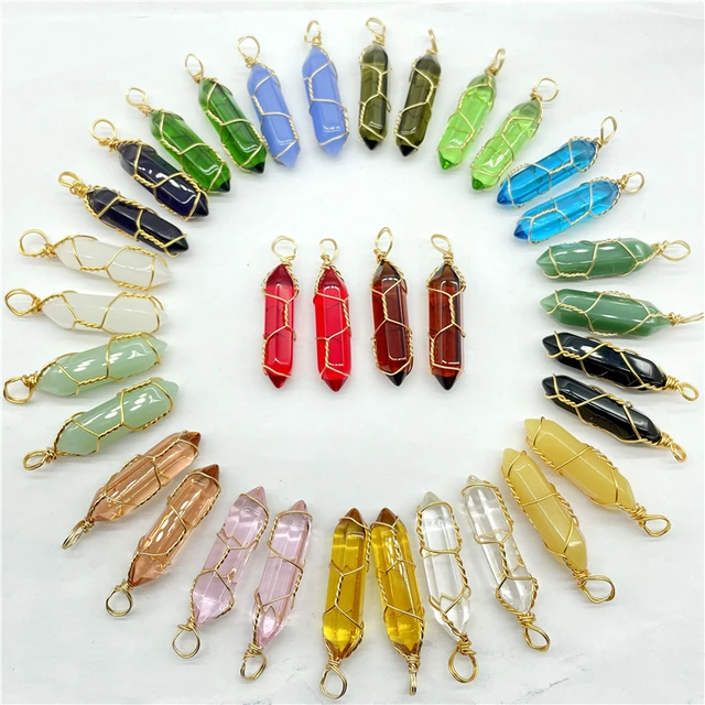 Natural Gem Stone Quartz Colorful Crystal Gold Winding Hexagonal Pendulum  Reiki Pendant Charm DIY Jewelry Making