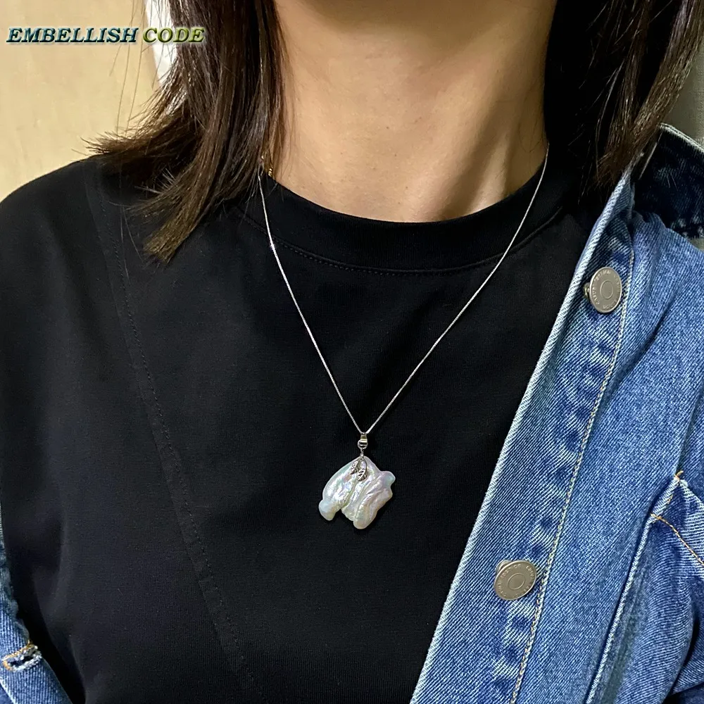 20mm-25mm Baroque Irregular Pearl Charming Pendant White Peach Flat Rectangle Box Chain 16'' 18inch