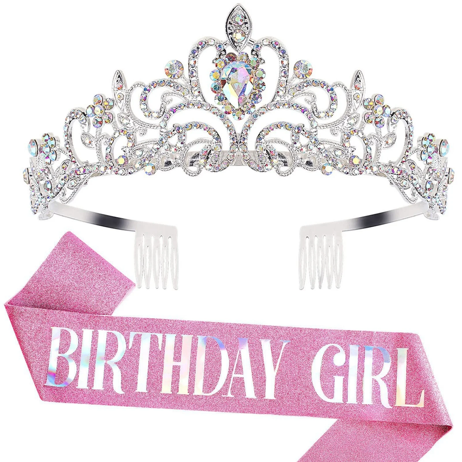 2PCS Black And Silver Birthday Party Decor Set, Crown Headband & Sash For Women, Sparkly Glitter Party Supplies, Elegant