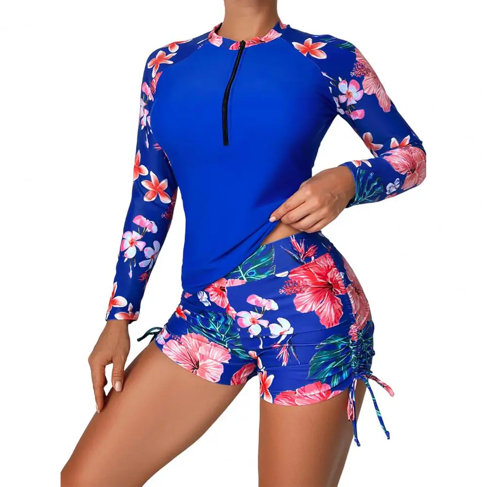 

Long-sleeved Swimsuit Floral Print Women's Swimsuit Set With Round Neck Zipper Closure 2 Piece Beach Top Shorts For Surfing