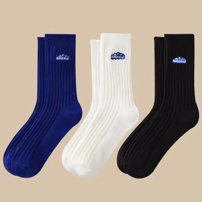 

Trendy embroidered socks Snow mountain alphabet cotton sports socks Thick line thickened solid color mid-length mens socks