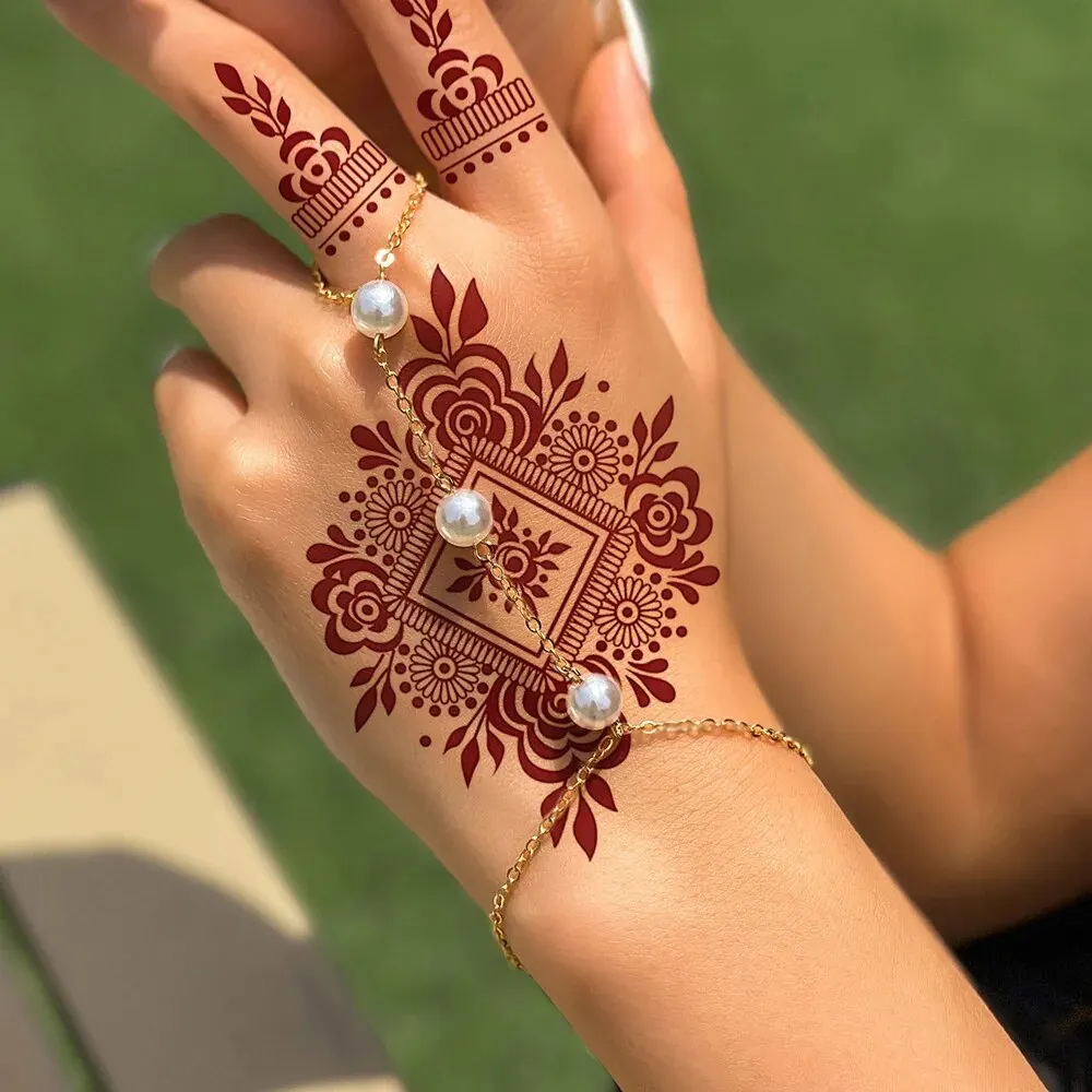Waterproof Henna Tattoo Stickers for Women Flower Instant Fake Tattoo for Hand Temporary Tattoos for Wedding Party Festival 3