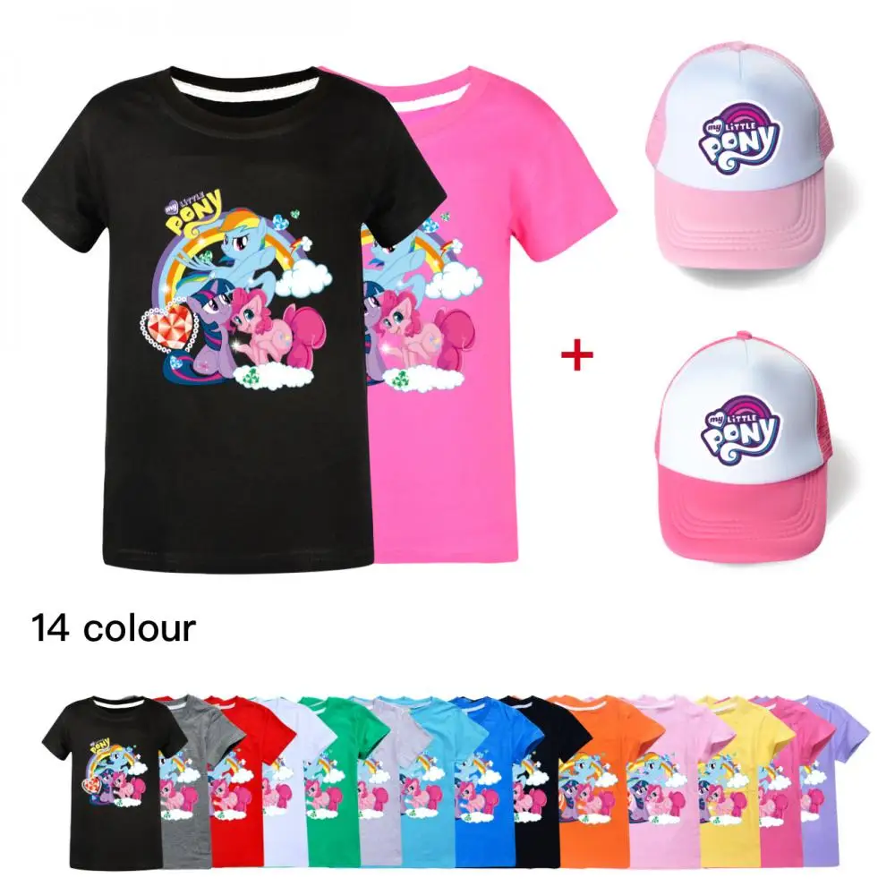 Летняя кавайная Детская футболка с коротким рукавом и шапкой My Little Pony Kawaii, модная Повседневная дышащая хлопковая футболка для мальчиков и девочек, топы
