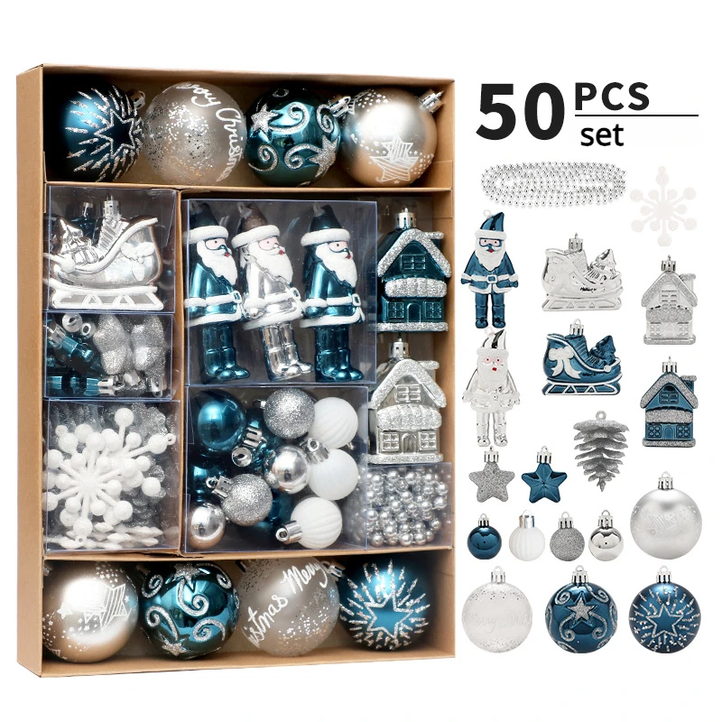 

Blue and Silver Painted Christmas Ball Ornaments, Tree Decoration, Pendant, Home, 50Pcs