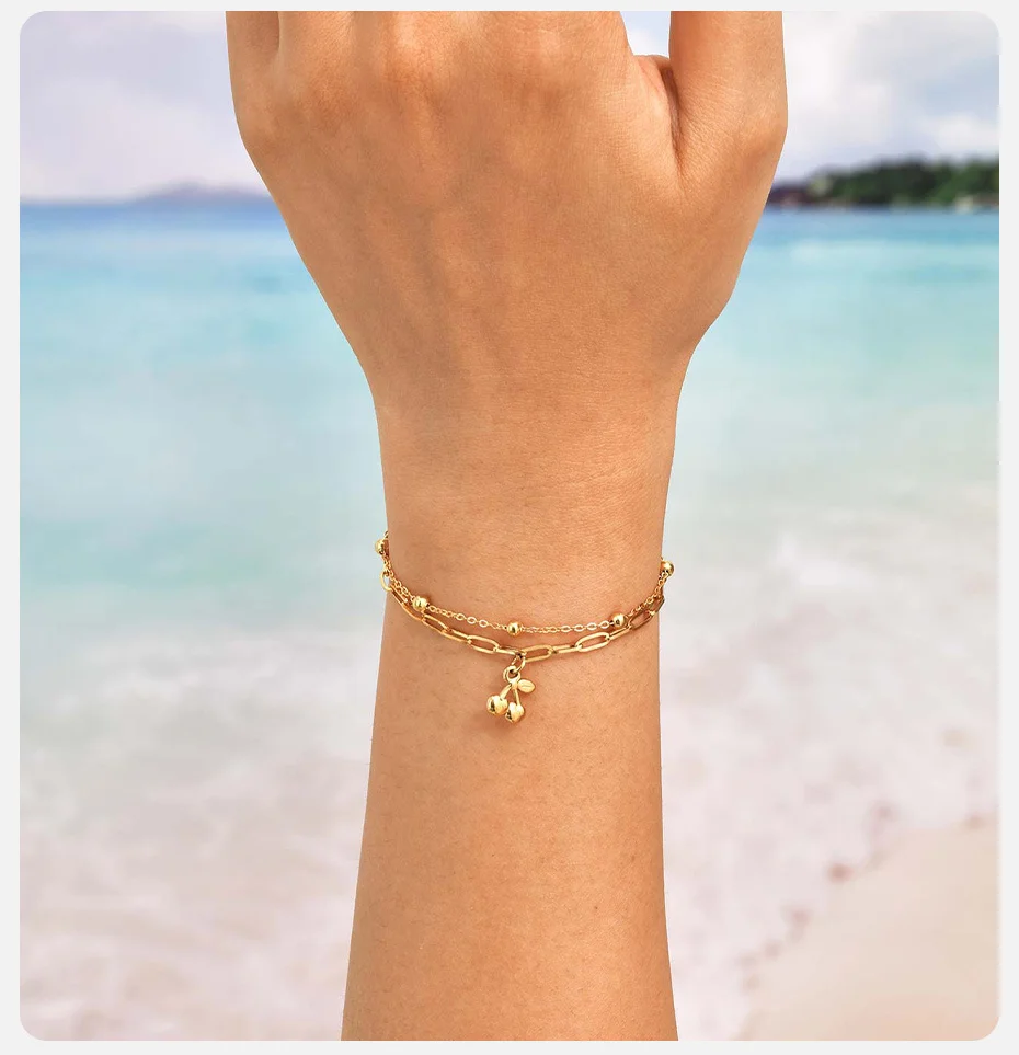 Vnox Goldfarbener Charm, 2 Stück, geschichtete Kirscharmbänder für Frauen, vergoldete Edelstahlkette, Strandhandschmuck, Geschenk – Detail 3