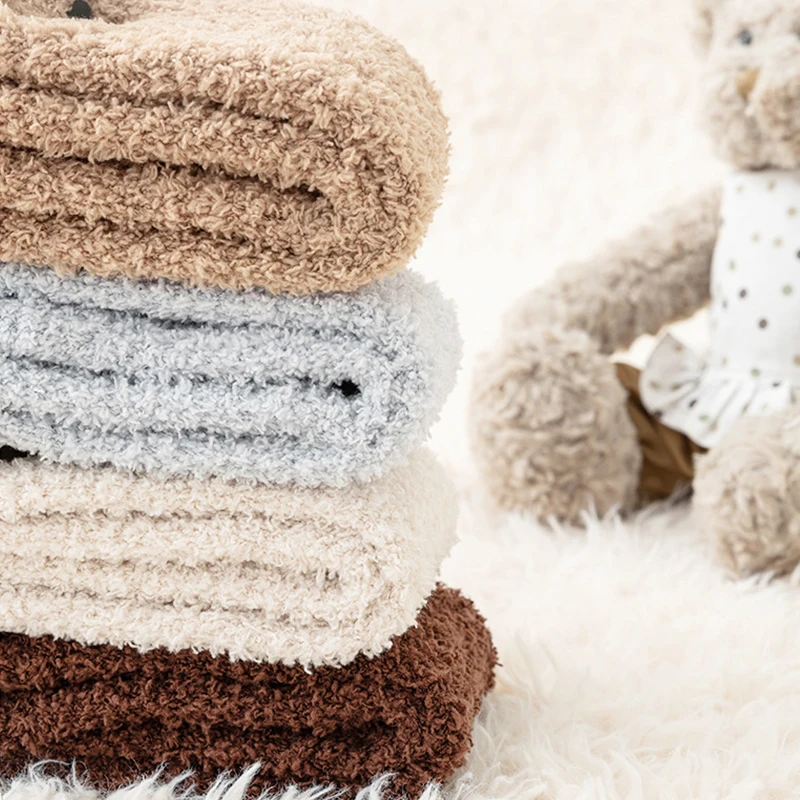 Cartoon Plush Baby Socks Cute Bear Solid Color Thigh High Sock for Infant Winter Thicken Warm Coral Fleece Kids Stockings