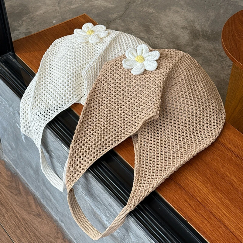 Women Hollow Woven Shoulder Bag Large Capacity Mesh Beach Bag Flower Crochet Shoulder Bag Shopping Travel Commute Bag