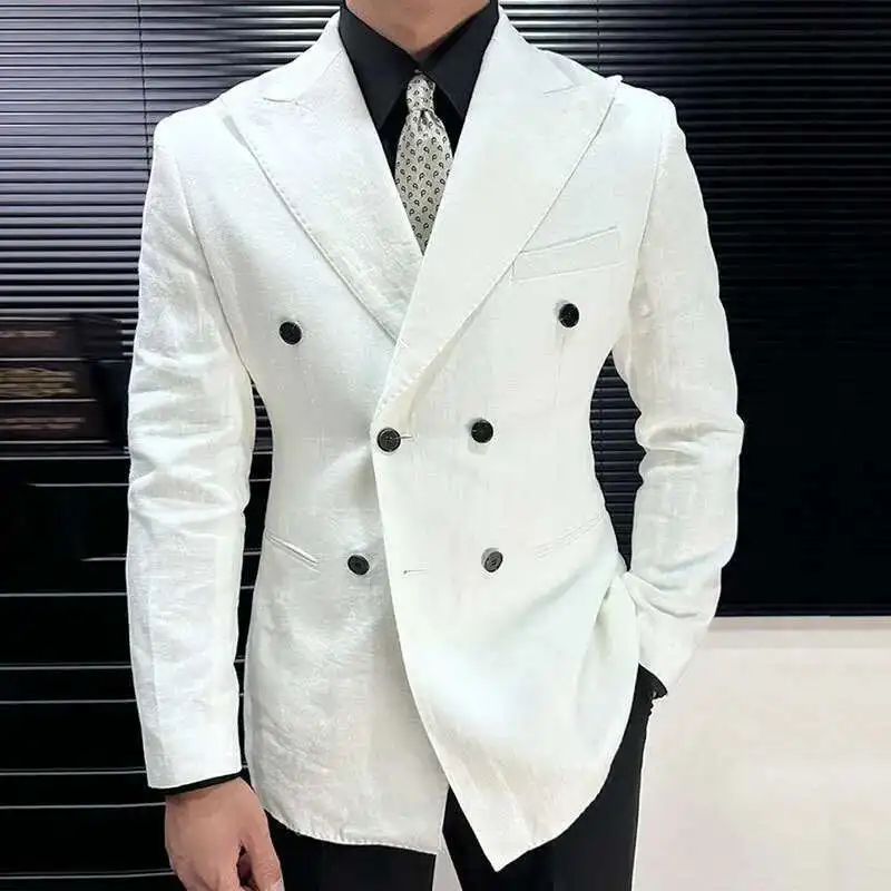 British Style Men Italian Linen Wide Collar Versatile Blazer Hombre Suit Chaqueta Hombre Prom Blazer Vintage Burgundy