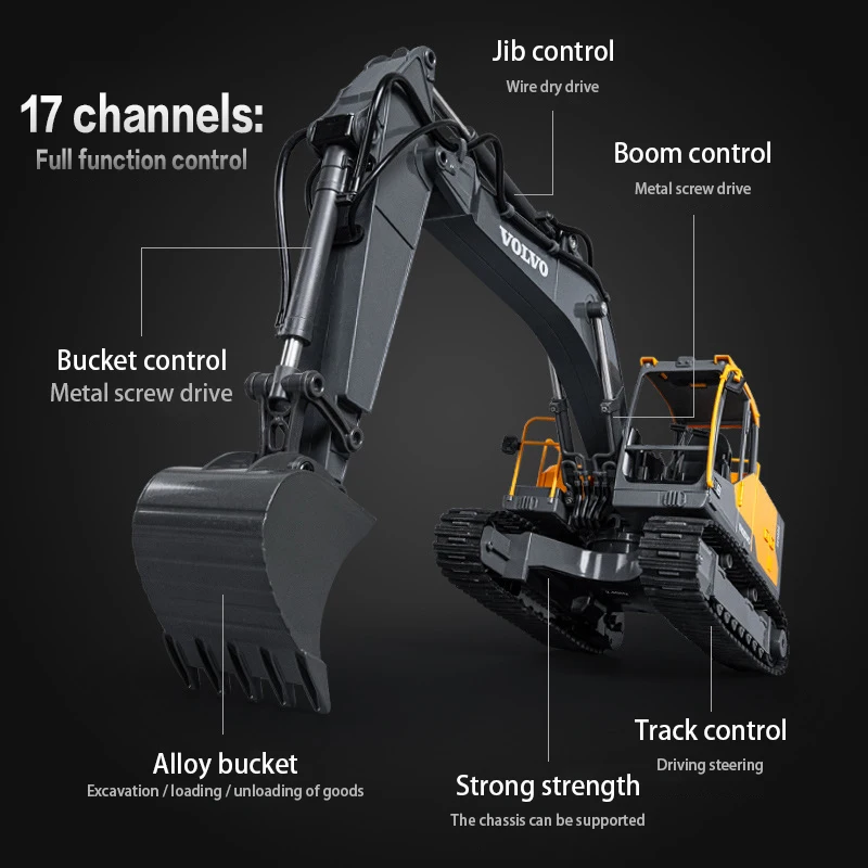 Double E 1:16 Alloy Engineering Excavator with 3 Replaceable Heads 3in1 Construction Remote Control Truck Car Toy for Boy Gift 5