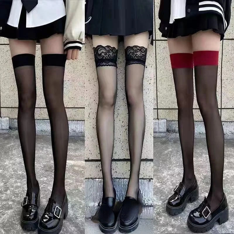 

JK Costumes Women Sexy Thigh High Fishnet Stockings Lolita Girls Gothic Punk Transparent Over Knee Red Wide Edge Long High Socks