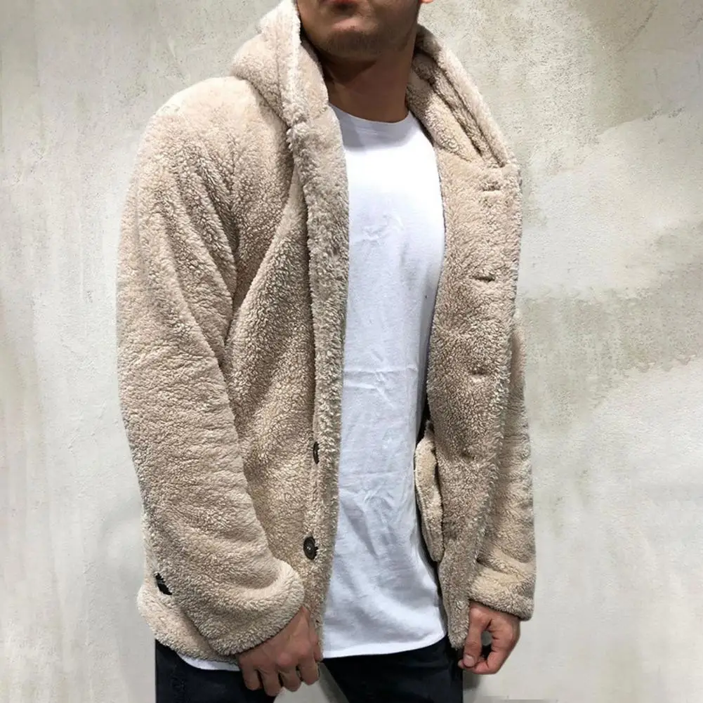 

Winter Men Fluffy Fleece Thick Warm Coat Jacket Long Sleeve Hooded Coat Plush Buttons Closure Thicken Warm Men Coat Outerwear