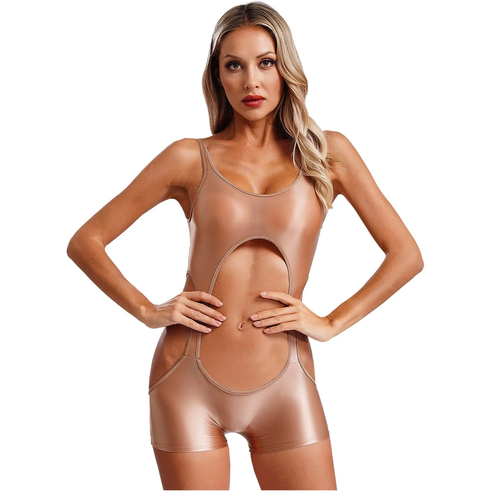 Sissy Women Glossy Cutout Swimsuit Sleeveless Hollow Out One Piece Swim Jumpsuit for Fun Underwear Club Wear Swimwear