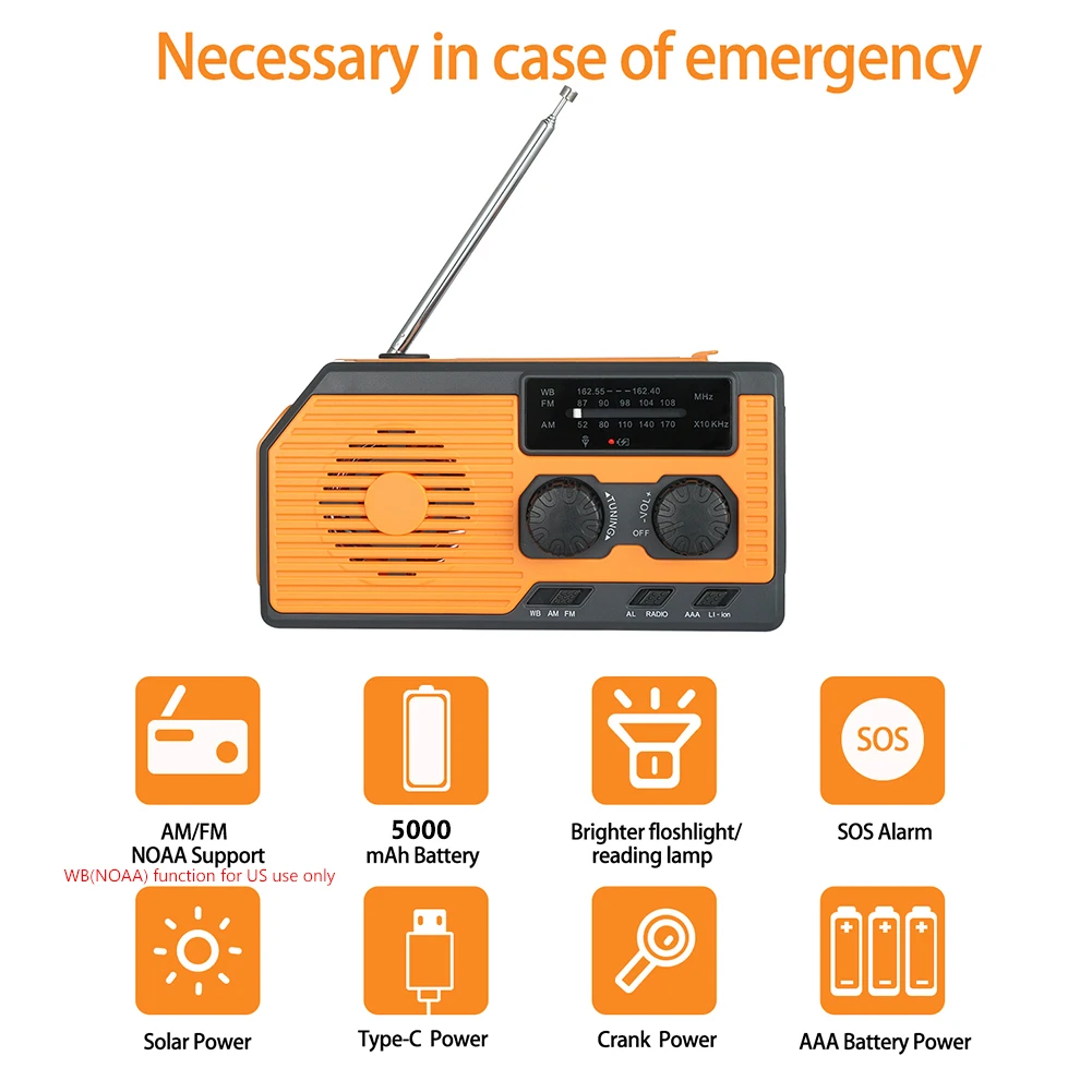 Wind Up Emergency Hand Crank Solar Radio AM/FM/SW 5000mAh USB - View #8