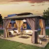 10\'x12\' Hardtop Gazebo Aluminum Frame Permanent Pavilion with Curtains and Netting Outdoor Polycarbonate Gazebo 1